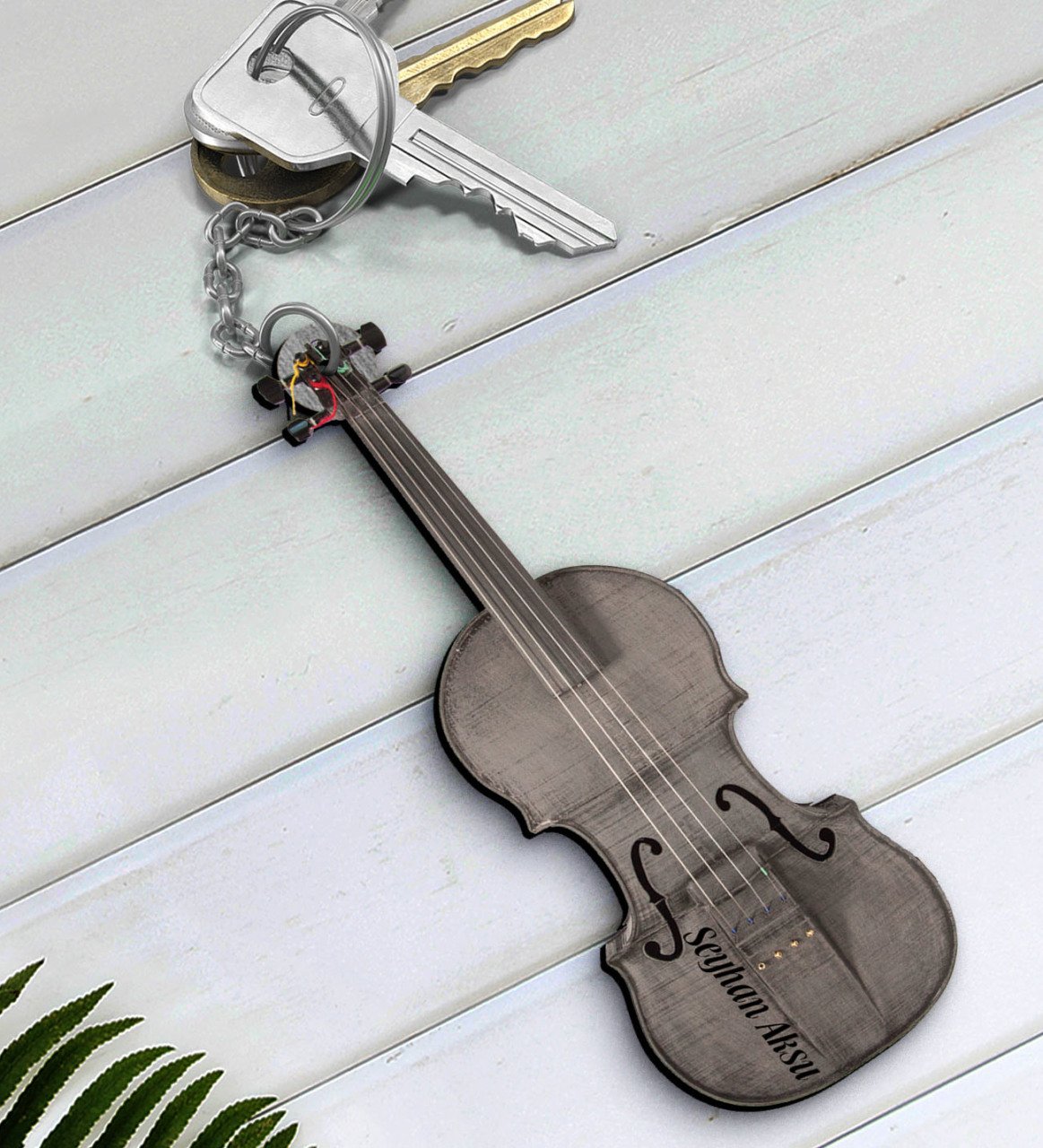 Kişiye Özel İsimli Keman Violin Enstrüman Ahşap Anahtarlık-3