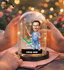 BK Gift Kişiye Özel Erkek Diş Hekimi Karikatürlü Led Işıklı Cam Fanus Biblo -1, Mesleki Hediye, Sevgiliye-Arkadaşa Hediye