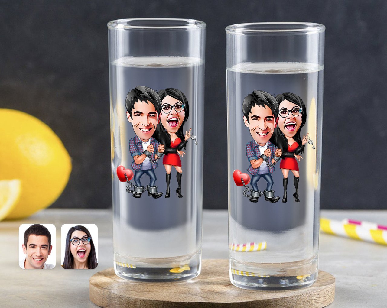 Kişiye Özel Renkli Baskılı Sevgililer Karikatürlü İkili Vodka Bardağı-1