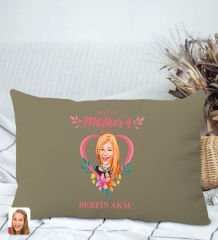 BK Gift Kişiye Özel Anneler Günü Karikatürlü Premium Kumaş Haki Dikdörtgen Kırlent Yastık, Anneler Günü Hediyesi, Ev Dekorasyonu-5