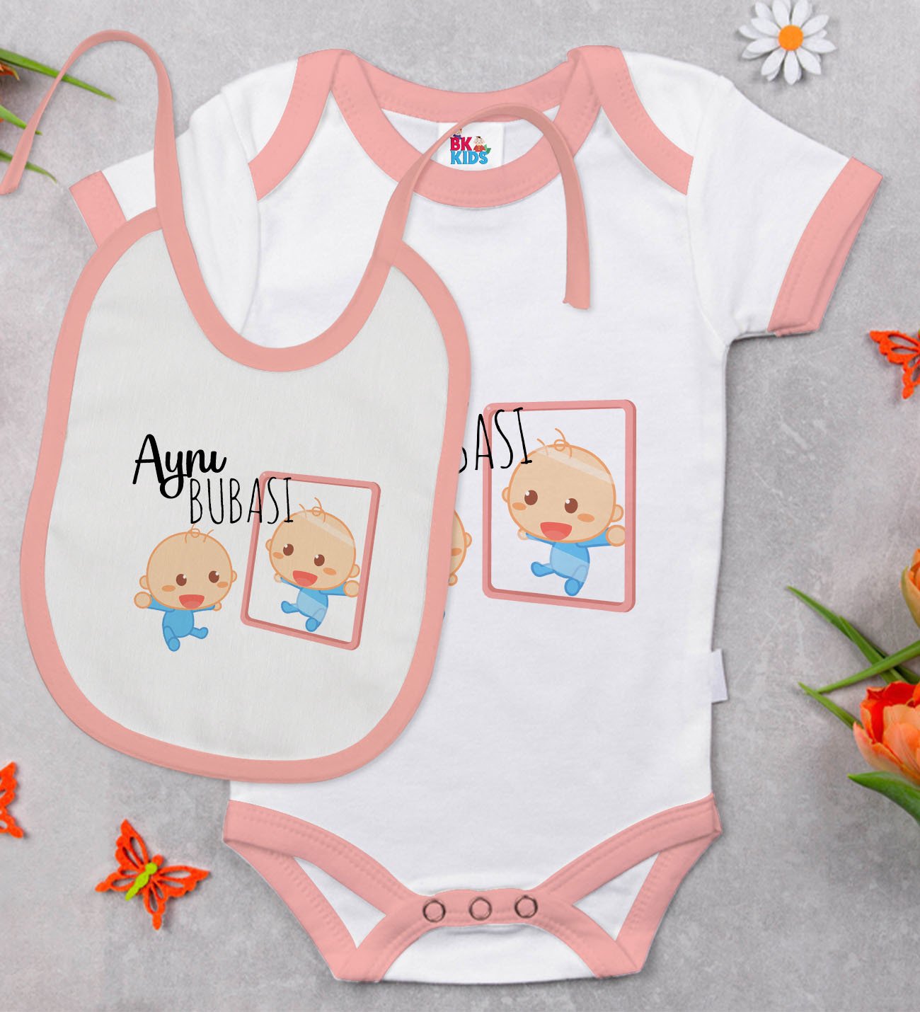 BK Kids Aynı Bubası Tasarımlı Pembe Bebek Body Zıbın ve Mama Önlüğü Hediye Seti-1