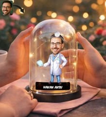 BK Gift Kişiye Özel Erkek Diş Hekimi Karikatürlü Led Işıklı Cam Fanus Biblo -2, Mesleki Hediye, Sevgiliye-Arkadaşa Hediye