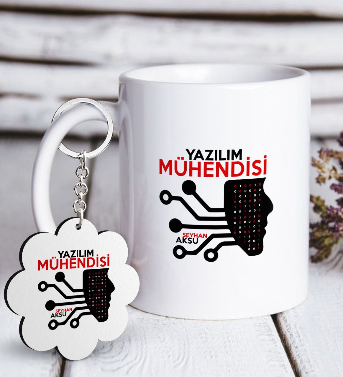 Kişiye Özel Mesleki Yazılım Mühendisi Beyaz Kupa ve Anahtarlık Hediye Seti