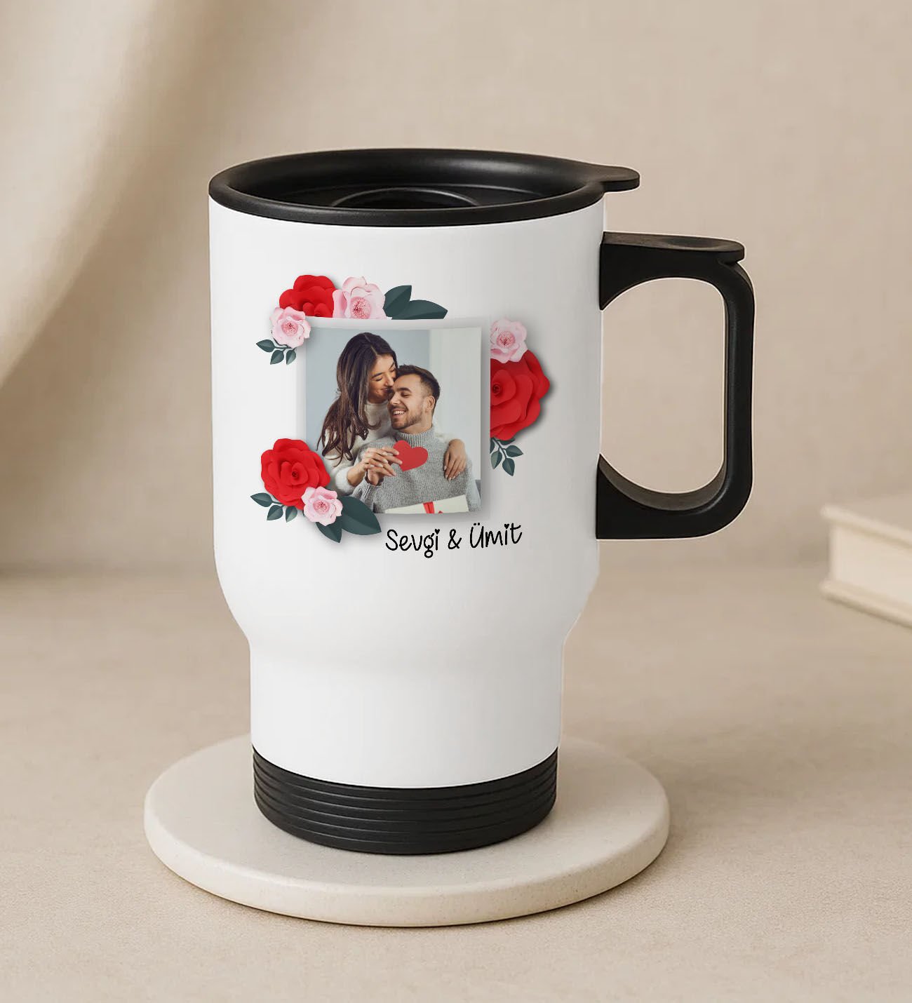 BK Gift Kişiye Özel İsimli Fotoğraflı Kulplu Beyaz Çelik Bardak Termos Mug 450ml-1, Sevgiliye Hediye, Arkadaşa Hediye, Eşe Hediye