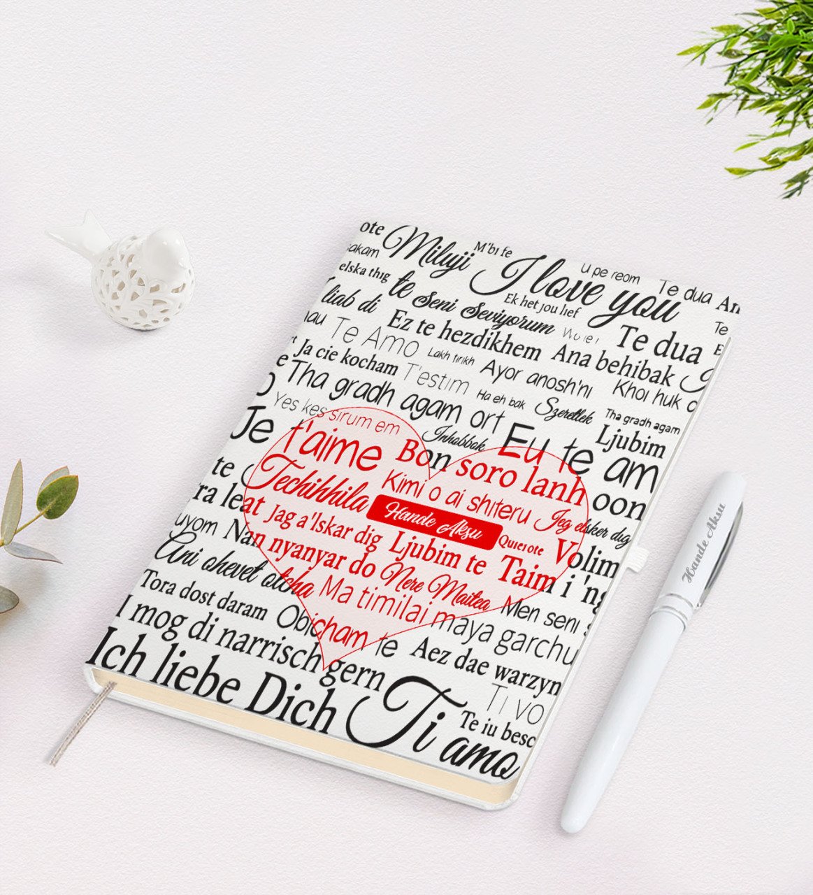 Kişiye Özel 100 Dilde Seni Seviyorum Beyaz Defter Kalem Seti