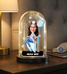 BK Gift Kişiye Özel Kadın Diş Hekimi Karikatürlü Led Işıklı Cam Fanus Biblo -1, Mesleki Hediye, Sevgiliye-Arkadaşa Hediye