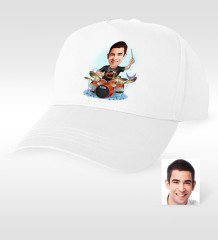 Kişiye Özel Bay Baterist Karikatür Beyaz Şapka - 1