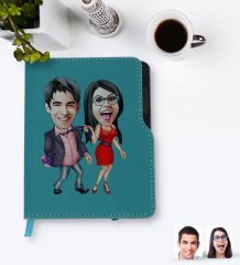 Kişiye Özel Sevgililer Karikatürlü Turkuaz Termo Deri Defter-4