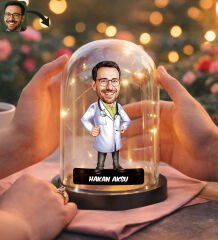 BK Gift Kişiye Özel Erkek Doktor Karikatürlü Led Işıklı Cam Fanus Biblo -1, Mesleki Hediye, Sevgiliye-Arkadaşa Hediye