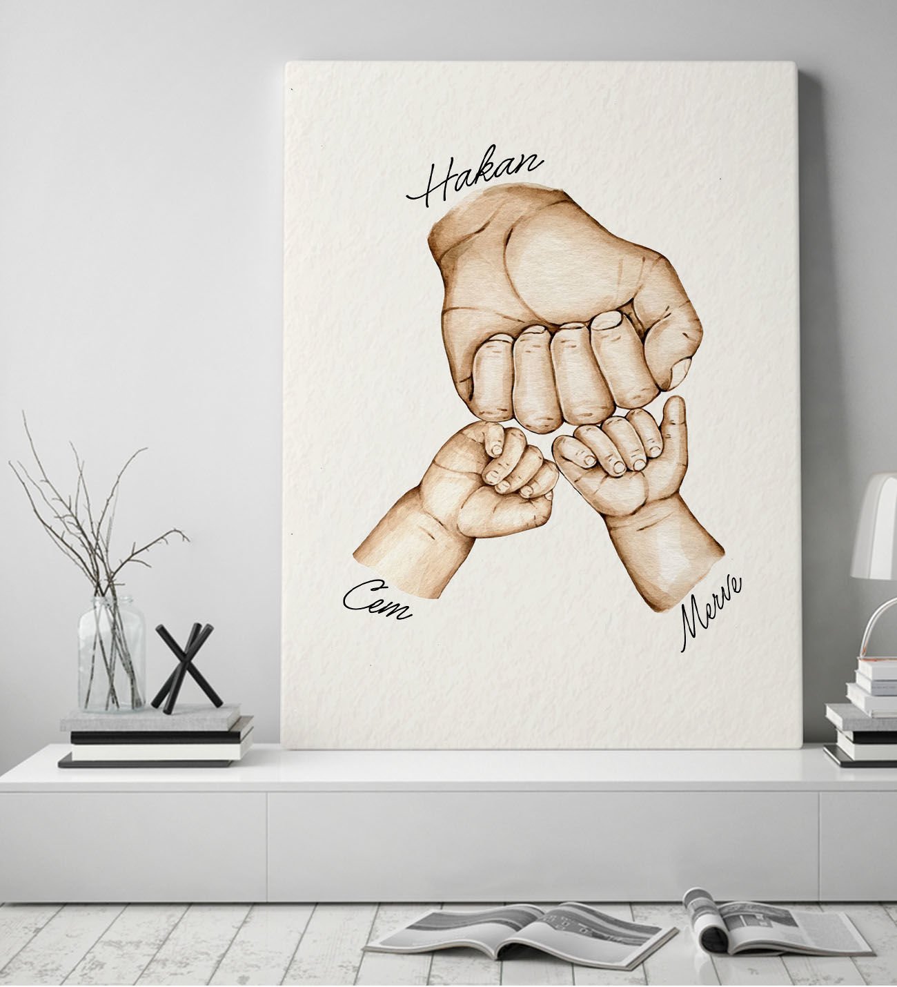BK Gift Kişiye Özel Baba ve Çocuklar El Tasarımlı Kanvas Tablo-2 50x70, Babaya Hediye, Yeni Doğum Hediyesi