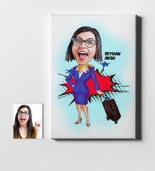 Kişiye Özel Bayan Uçuş Görevlisi Hostes Karikatür Kanvas Tablo (50 x 70 cm.) 2