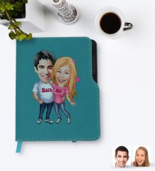 Kişiye Özel Sevgililer Karikatürlü Turkuaz Termo Deri Defter-5