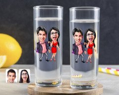 Kişiye Özel Renkli Baskılı Sevgililer Karikatürlü İkili Vodka Bardağı-4