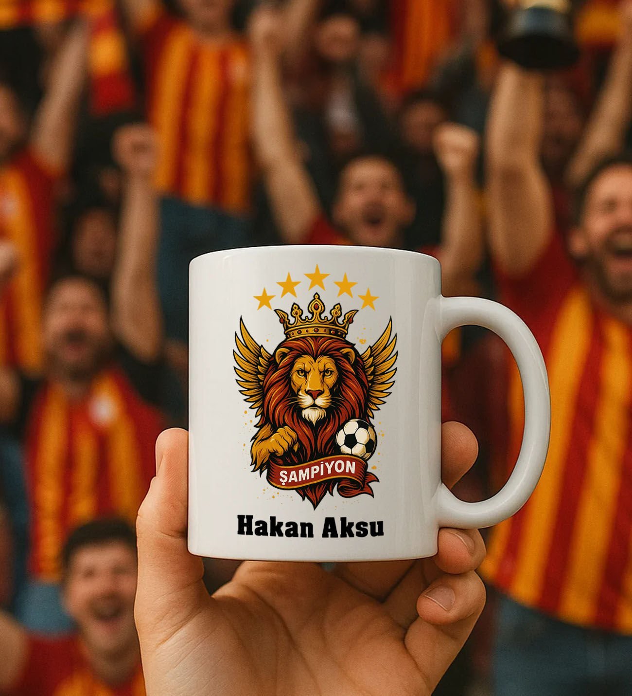 BK Gift Kişiye Özel Sarı Kırmızı 5 Yıldız Aslan Taraftar Tasarımlı Beyaz Kupa Bardak-3, Taraftar Hediyesi, Doğum Günü Hediyesi, Arkadaşa Hediye