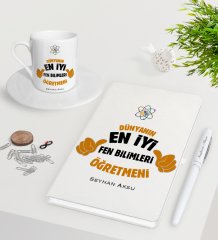 Kişiye Özel Fen Bilimleri Öğretmeni Beyaz Defter Kalem Türk Kahvesi Fincanı Seti-1