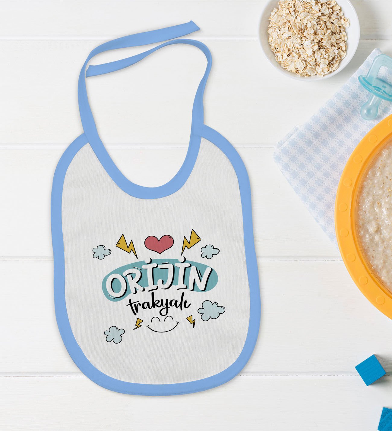 BK Kids Orjin Trakyalı Tasarımlı Mavi Bebek Mama Önlüğü-1