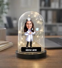 BK Gift Kişiye Özel Kadın Doktor Karikatürlü Led Işıklı Cam Fanus Biblo -2, Mesleki Hediye, Sevgiliye-Arkadaşa Hediye