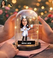 BK Gift Kişiye Özel Kadın Doktor Karikatürlü Led Işıklı Cam Fanus Biblo -2, Mesleki Hediye, Sevgiliye-Arkadaşa Hediye