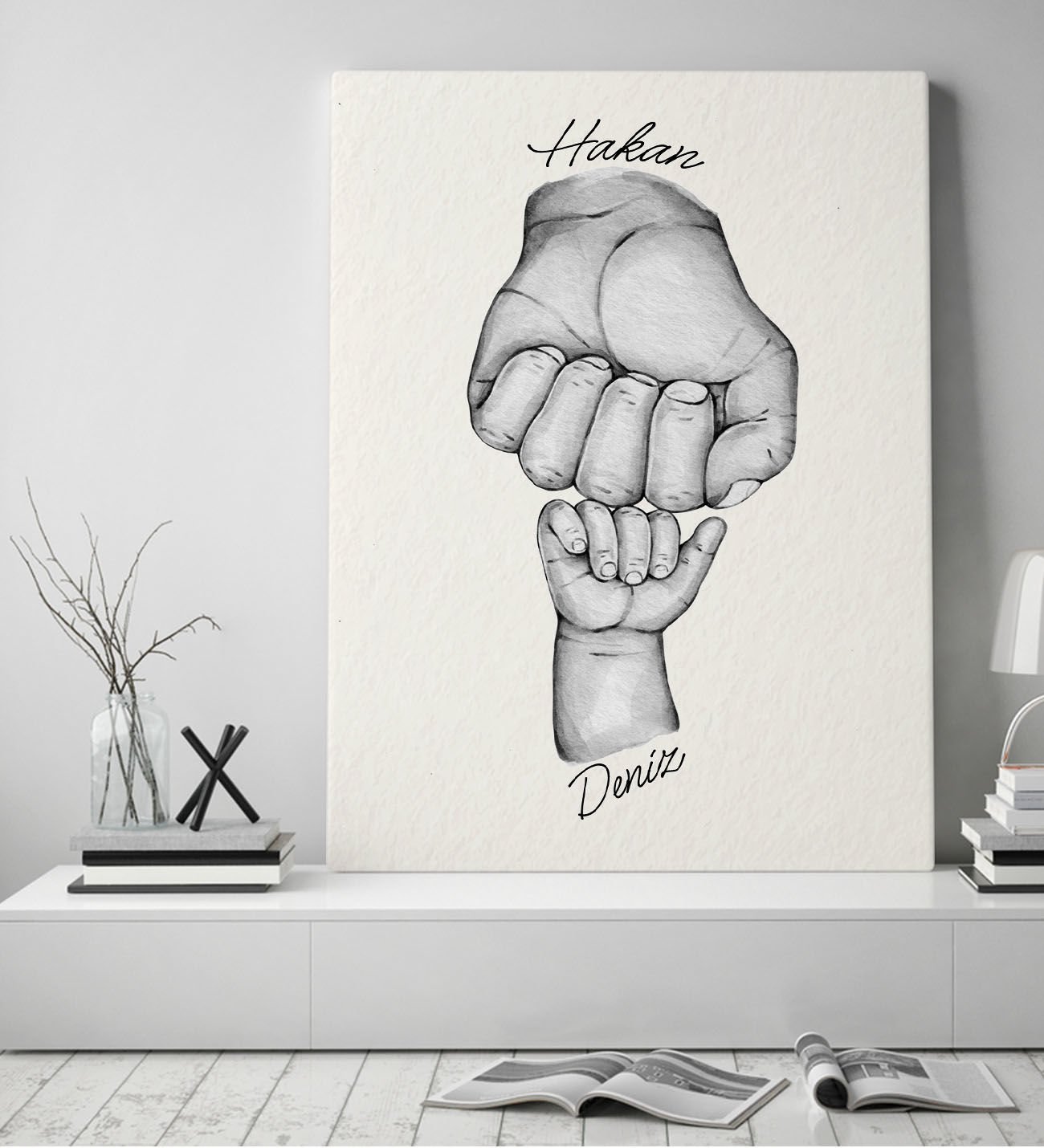 BK Gift Kişiye Özel Baba ve Çocuklar El Tasarımlı Siyah Beyaz Kanvas Tablo-1 50x70, Babaya Hediye, Yeni Doğum Hediyesi