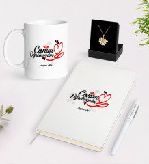 Kişiye Özel Canım Öğretmenim Beyaz Kupa Defter Kalem ve İsimli Papatya Kolye Hediye Seti-1