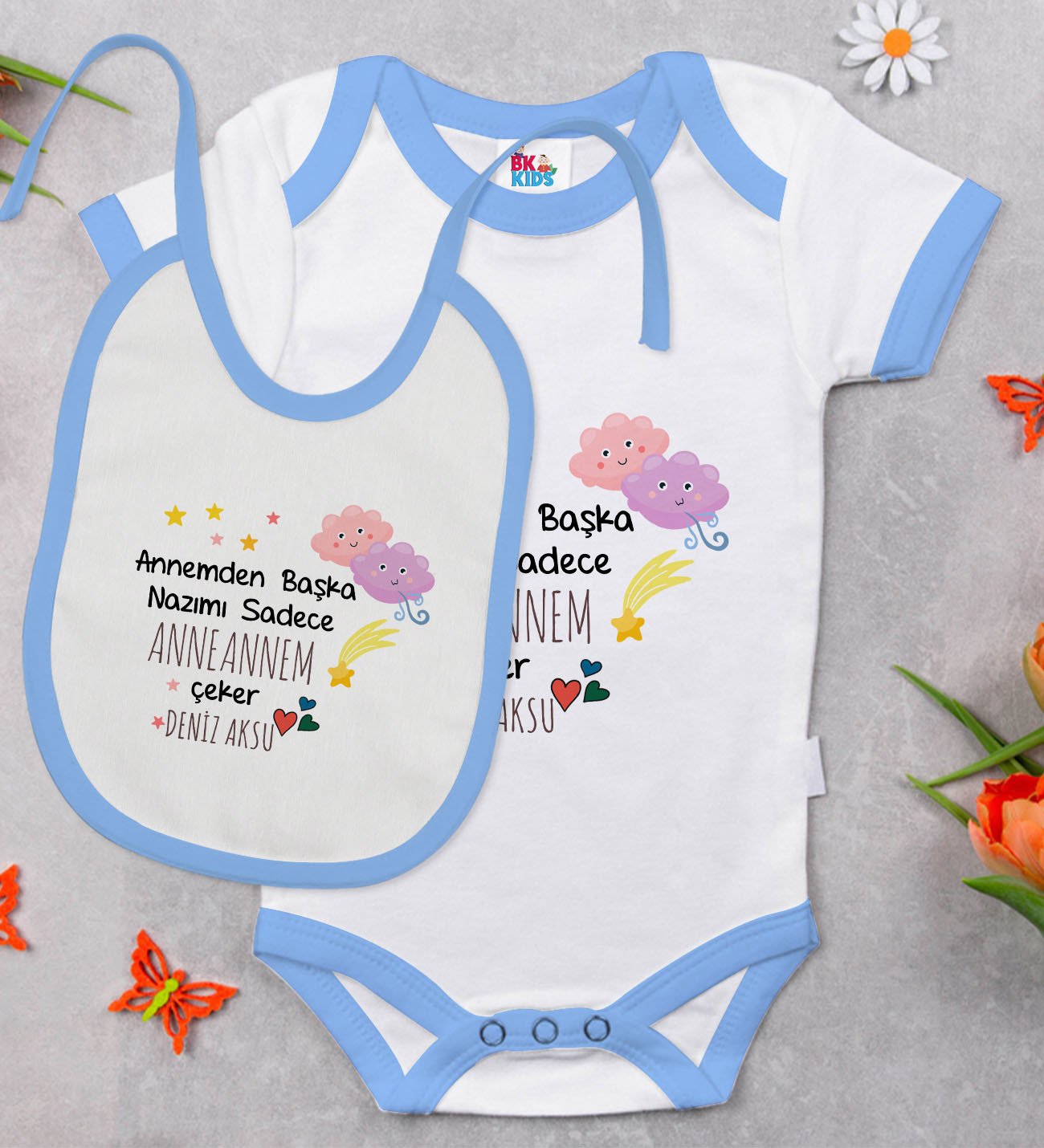 BK Kids Kişiye Özel Anneannem Tasarımlı Mavi Bebek Body Zıbın ve Mama Önlüğü Hediye Seti