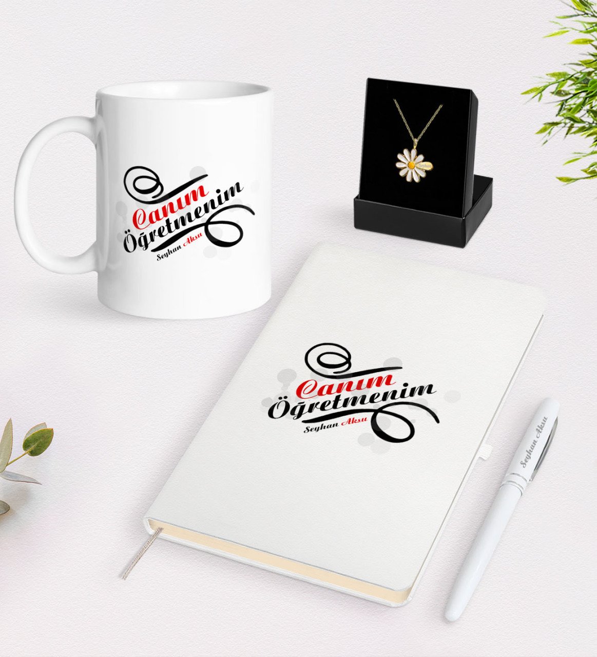 Kişiye Özel Canım Öğretmenim Beyaz Kupa Defter Kalem ve İsimli Papatya Kolye Hediye Seti-2