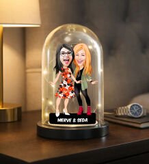 BK Gift Kişiye Özel Anne Kız Karikatürlü Led Işıklı Cam Fanus Biblo -2, Anneye Hediye, Doğum Günü Hediyesi