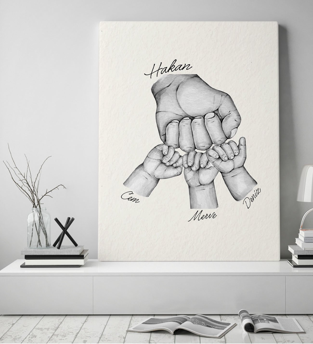 BK Gift Kişiye Özel Baba ve Çocuklar El Tasarımlı Siyah Beyaz Kanvas Tablo-3 50x70, Babaya Hediye, Yeni Doğum Hediyesi