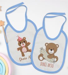 BK Kids Kişiye Özel Sevimli Ayı Tasarımlı 2’li Mavi Mama Önlüğü-1