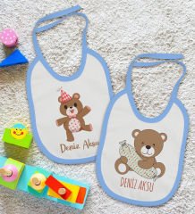BK Kids Kişiye Özel Sevimli Ayı Tasarımlı 2’li Mavi Mama Önlüğü-1