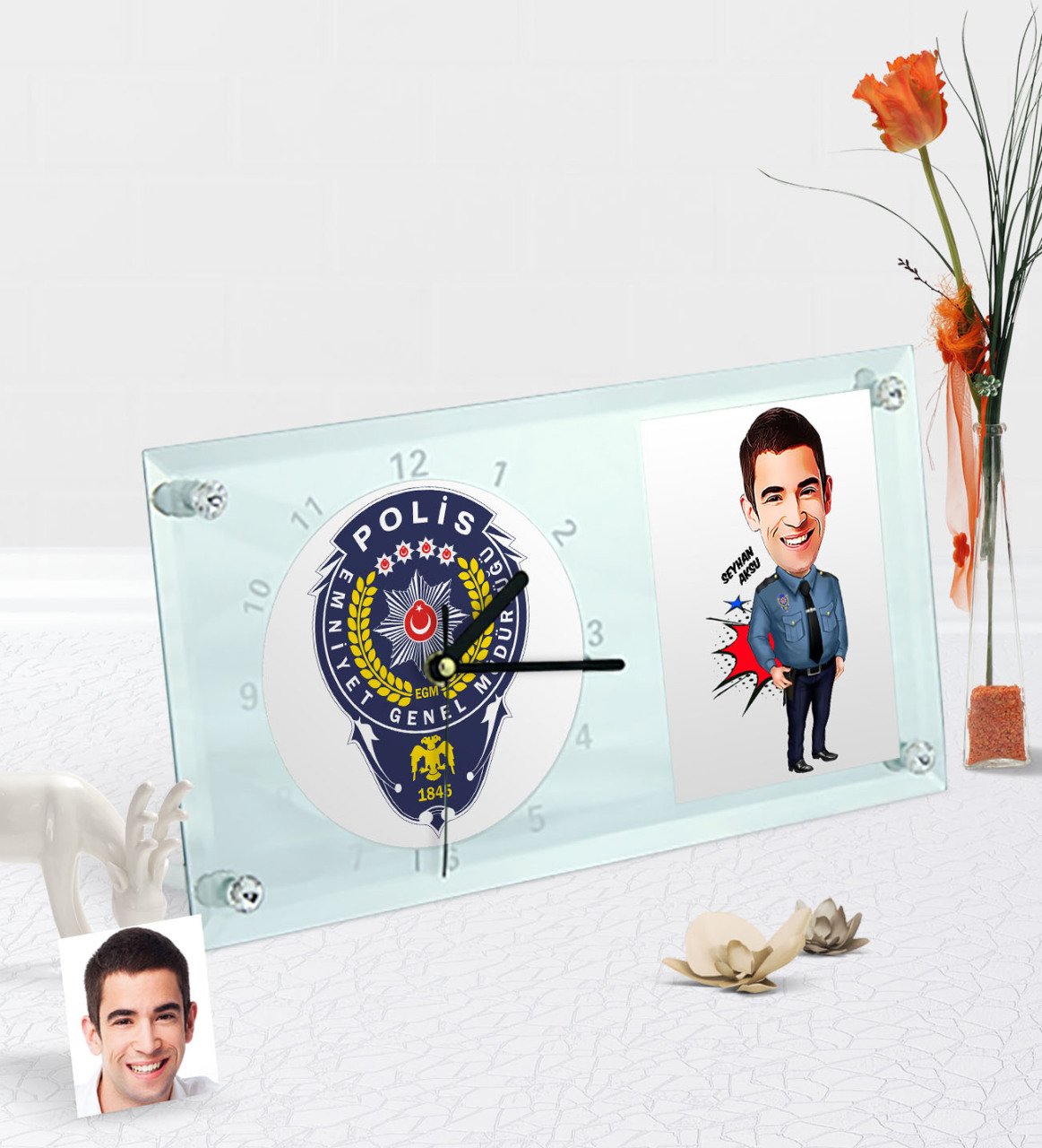 Kişiye Özel Bay Polis Karikatürlü Masaüstü Cam Saat - 3