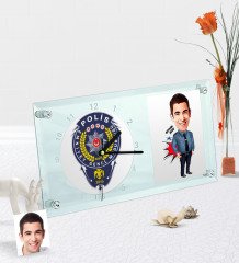 Kişiye Özel Bay Polis Karikatürlü Masaüstü Cam Saat - 3