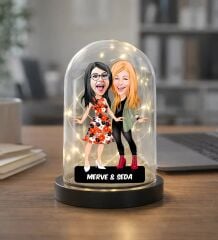 BK Gift Kişiye Özel Kız Kardeşler Karikatürlü Led Işıklı Cam Fanus Biblo -2, Kız Kardeşe Hediye, Doğum Günü Hediyesi