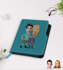 Kişiye Özel Sevgililer Karikatürlü Turkuaz Termo Deri Defter-80