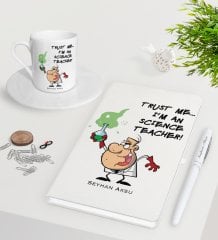 Kişiye Özel Fen Bilimleri Öğretmeni Beyaz Defter Kalem Türk Kahvesi Fincanı Seti-5