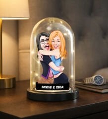 BK Gift Kişiye Özel Kız Kardeşler Karikatürlü Led Işıklı Cam Fanus Biblo -1, Kız Kardeşe Hediye, Doğum Günü Hediyesi