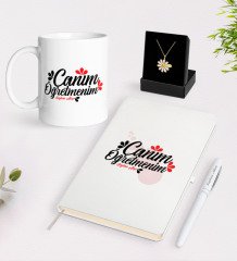 Kişiye Özel Canım Öğretmenim Beyaz Kupa Defter Kalem ve İsimli Papatya Kolye Hediye Seti-11