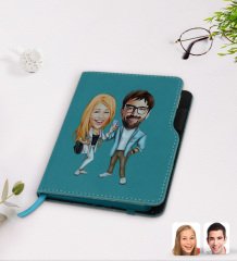 Kişiye Özel Sevgililer Karikatürlü Turkuaz Termo Deri Defter-93
