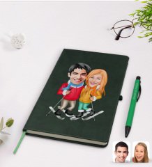 Kişiye Özel Sevgililer Karikatürlü Yeşil Termo Deri Defter Kalem Seti Model 107