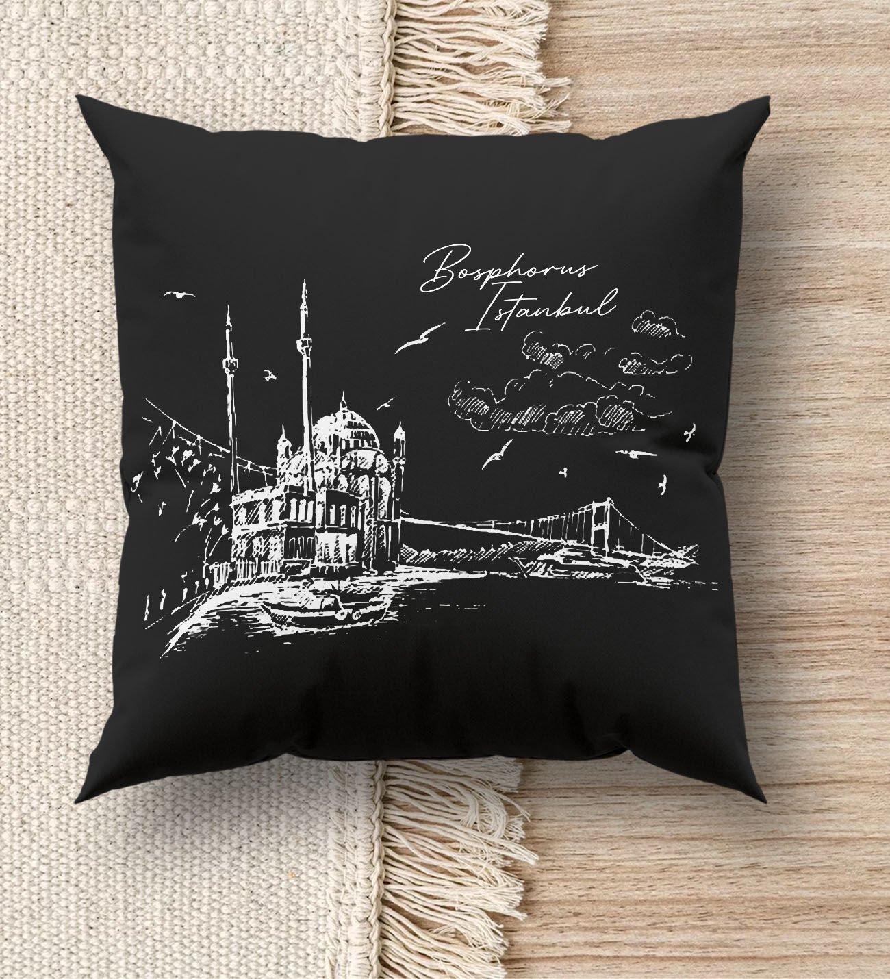 BK Gift İstanbul Tasarımlı Premium Kumaş Siyah Kırlent Yastık, Ev Hediyesi, Ev Dekorasyonu, Dekoratif Hediye-1