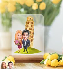 BK Gift Kişiye Özel Sevgililer Pisa Kulesi Karikatürlü Ahşap Standlı Pleksi Biblo-1