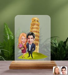 BK Gift Kişiye Özel Sevgililer Pisa Kulesi Karikatürlü Ahşap Standlı Pleksi Biblo-1