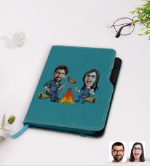 Kişiye Özel Sevgililer Karikatürlü Turkuaz Termo Deri Defter-95