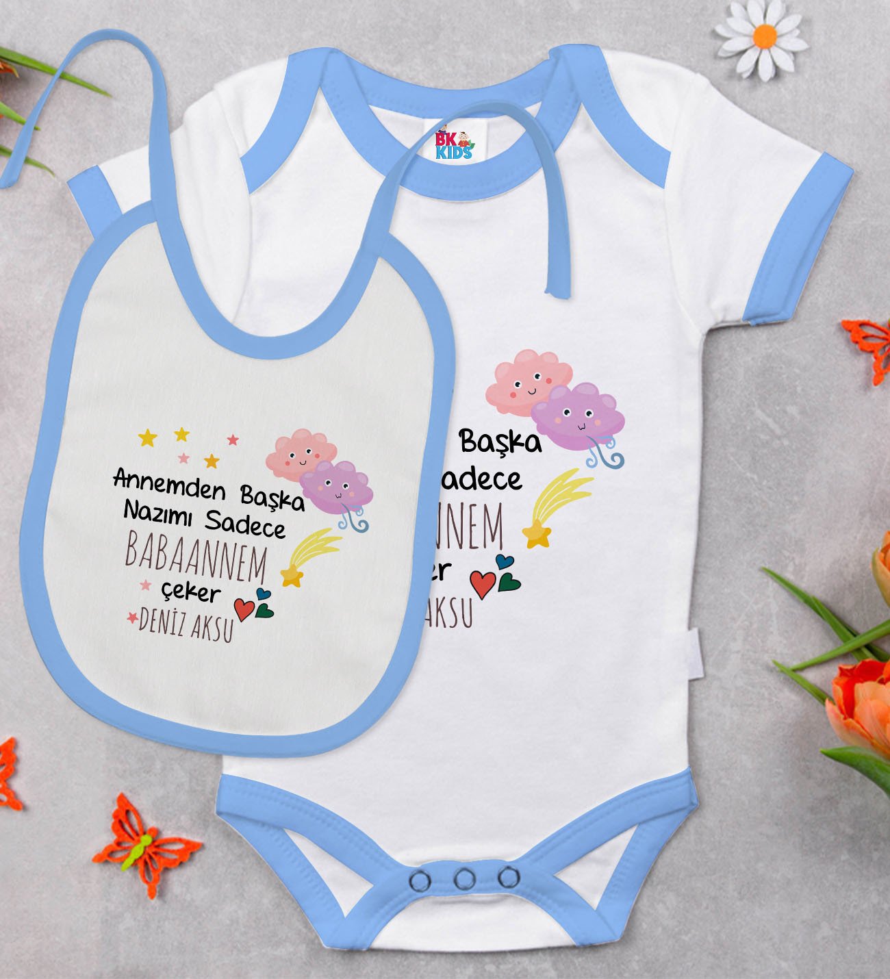 BK Kids Kişiye Özel Babaannem Tasarımlı Mavi Bebek Body Zıbın ve Mama Önlüğü Hediye Seti