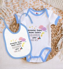 BK Kids Kişiye Özel Babaannem Tasarımlı Mavi Bebek Body Zıbın ve Mama Önlüğü Hediye Seti