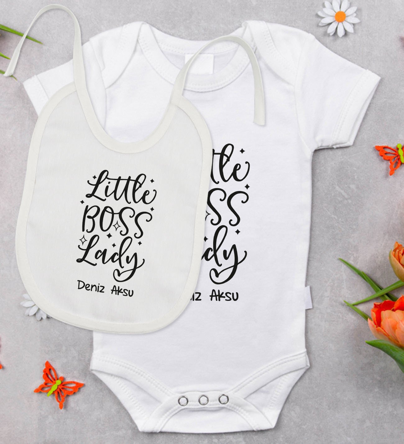 BK Kids Kişiye Özel Little Boss Lady Tasarımlı Bebek Body Zıbın ve Mama Önlüğü Hediye Seti - Model 1