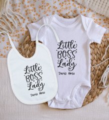 BK Kids Kişiye Özel Little Boss Lady Tasarımlı Bebek Body Zıbın ve Mama Önlüğü Hediye Seti - Model 1
