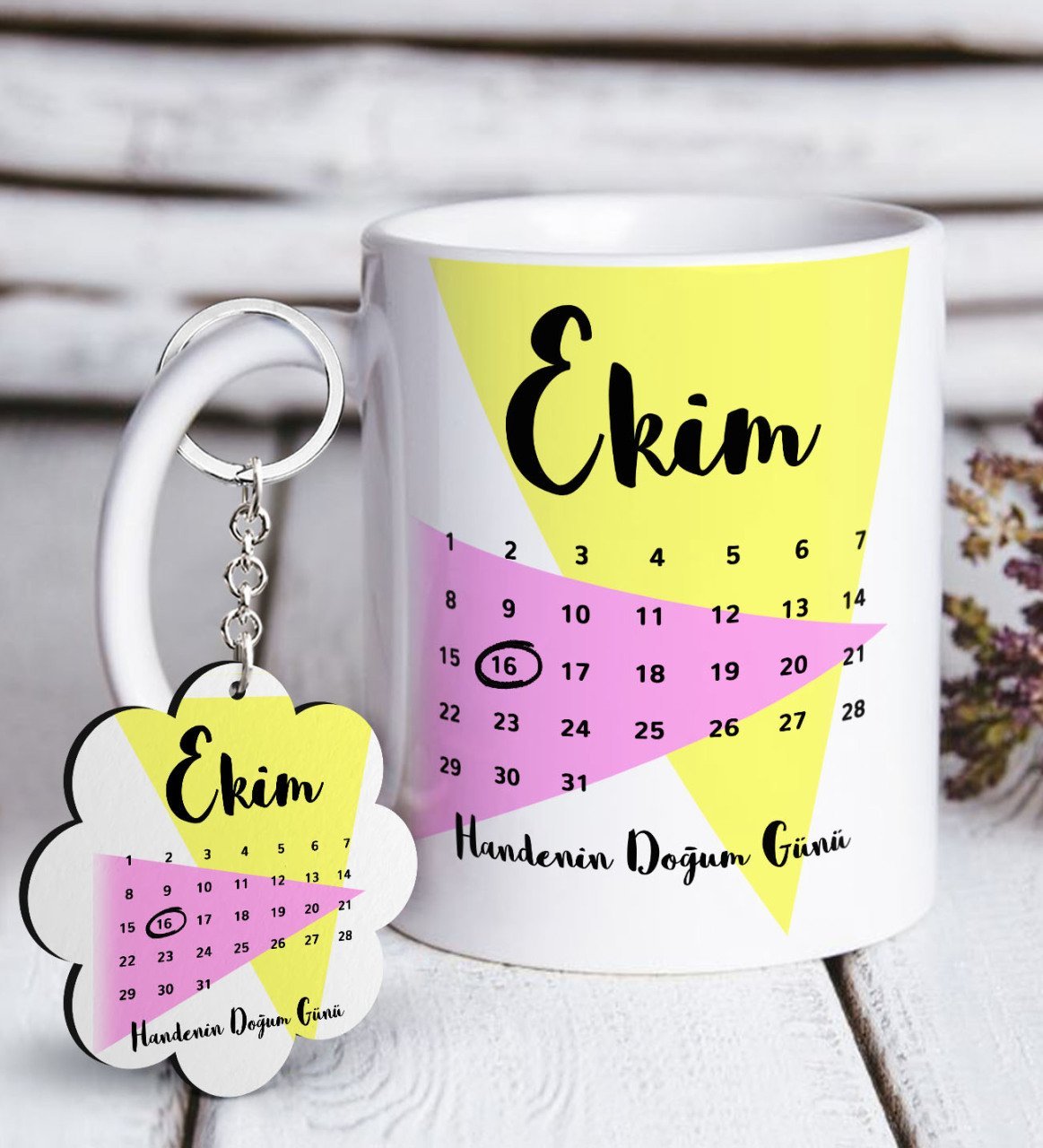 Kişiye Özel Tarihli Doğum Günü Beyaz Kupa ve Anahtarlık Hediye Seti-5