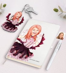 Kişiye Özel Kadın Soyut Karikatürlü Beyaz Defter Kalem Ve Anahtarlık Hediye Seti-14