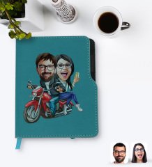 Kişiye Özel Sevgililer Karikatürlü Turkuaz Termo Deri Defter-97
